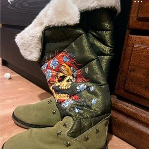 Ed Hardy Green Winter Boots with Fur Lining